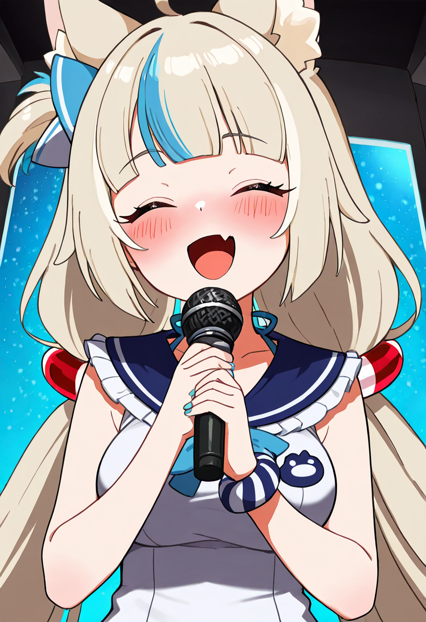 masterpiece, best quality, 1girl, solo, eyelashes, medium breasts,  zzSaba, blush, smile, open mouth, holding, closed eyes, fang, sailor collar,  microphone, skin fang, music, holding microphone, singing  ,<lora:SamekoSaba_IXL_v1:1.0>,