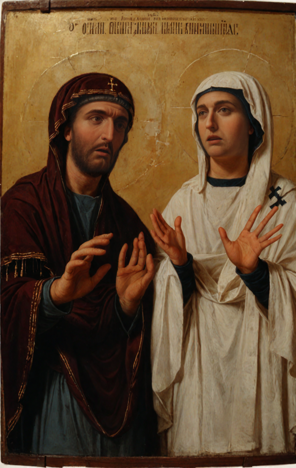 <lora:orthodox-icons_pony_v3:1>  ' ' a orthodox icon created in 500 ,icon \(genre\),oriantal orthodox \(style\), photorealistic,realistic, the image is a religious icon depicting a scene from the bible. it features a man and a woman,with the man reaching out to touch the head of the woman. 1boy,1girl, score_9, score_6_up, score_7_up
