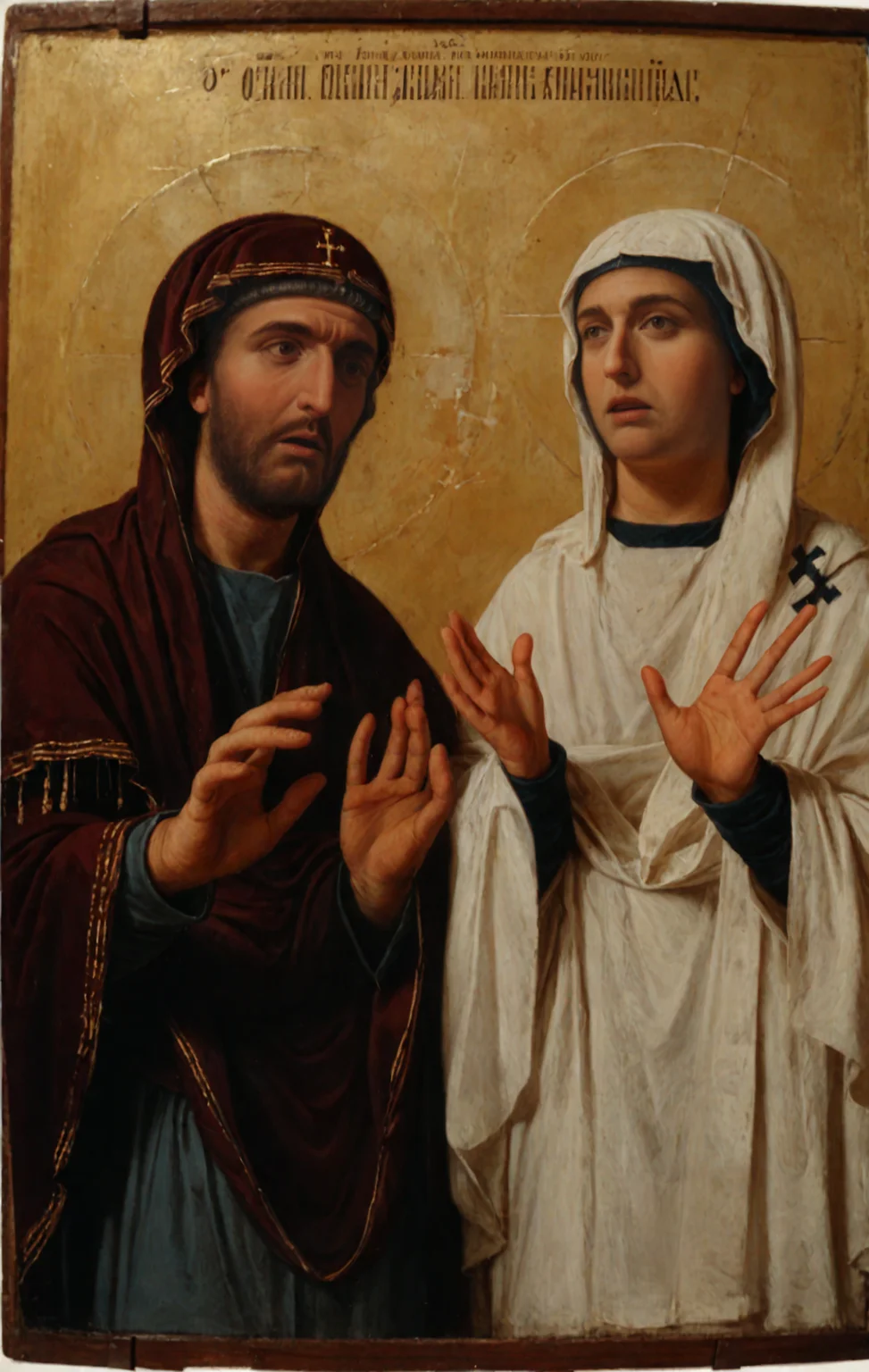 <lora:orthodox-icons_pony_v3:1>  ' ' a orthodox icon created in 500 ,icon \(genre\),oriantal orthodox \(style\), photorealistic,realistic, the image is a religious icon depicting a scene from the bible. it features a man and a woman,with the man reaching out to touch the head of the woman. 1boy,1girl, score_9, score_6_up, score_7_up