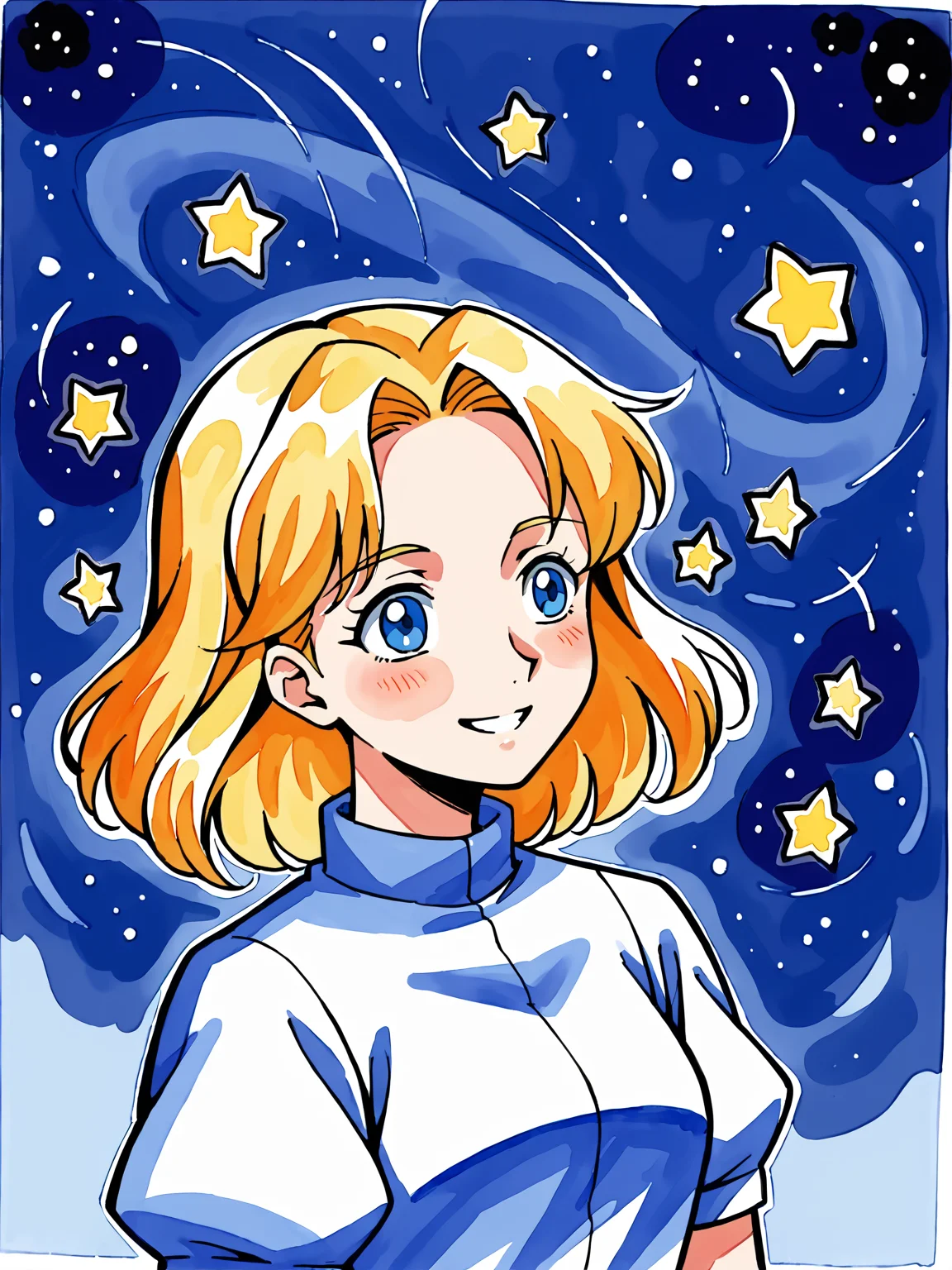 outer space, starry sky, floating, galaxies, score_7_up, <lora:Maria Robotnik (SxSG):0.9>, blush, smile, sxsgdbmaria, blonde hair, blue eyes, source_anime, abstract, watercolor