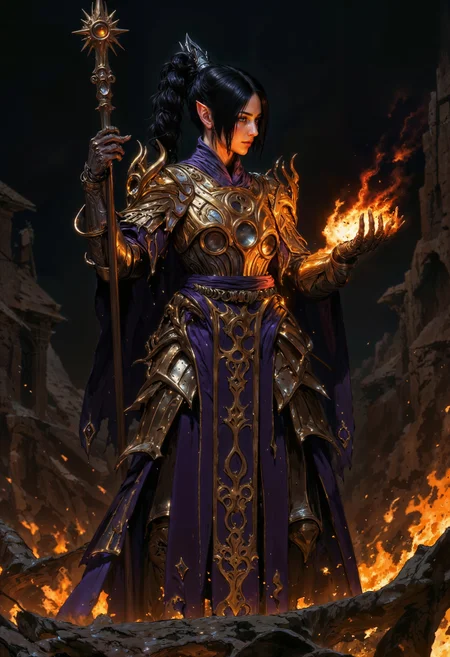 ShadowDJ, a digital fantasy artwork depicting a warrior standing amidst a fiery battlefield. The character is a female with fair skin and long black hair tied in a braid. She wears ornate, golden armor with intricate designs, including a chest plate and shoulder guards, over a flowing purple robe. Her expression is determined, with piercing eyes and a focused gaze. In her right hand, she holds a glowing orb of fire, while her left hand grips a tall staff adorned with a sun-like emblem at the top. The background is dark and smoky, with flames and scattered weapons on the ground, enhancing the dramatic and intense atmosphere of the scene. oil-painting, romanticism, painting, elegance, opulence, beautiful, painterly, detailed, textural, artistic, aesthetic, intricate details, highly detailed, vivid, vibrant, mythp0rt, DB4RZ, DB4RZ style painting <lora:FluxShadowDJV1:0.9> <lora:FLUX-daubrez-DB4RZ-v2:0.5> <lora:FluxMythP0rtr4itStyle:0.7> <lora:Elden_Ring_-_Yoshitaka_Amano:0.7> <lora:flux.1_lora_flyway_Epic-detail_v2:0.65> <lora:DarkCore:0.7>