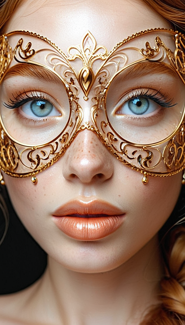 Close-up gorgeous girl face , cute, bang, freckles, striking large eyes, aligned eyes, mirror eyes, (half smile),
BREAK,
(wearing transparent Venetian Mask with intricate very detailed gold filigree), (thin detailed gold filigree), curly ginger hair, braid,
long lashes, trendy portrait,
tender Aesthetic nose, Aesthetic chin, ears, puffy lips, sensual lips, detailed texture, detailed eyes, detailed skin, clean skin,
<lora:Someplastic:1>, (ultra sharp focus:1.8), (detailed skin:1.8), (thin lines:1.8), (best quality:1.8),
<lora:Apparatus_-_Traction_City_Walkers_Vehicles:0.7>,
<lora:add-detail-xl:1> (ultra sharp focus:1.8), (detailed skin:1.8), (thin lines:1.8), (best quality:1.8),
<lora:glowneon_xl_v1:0.8>