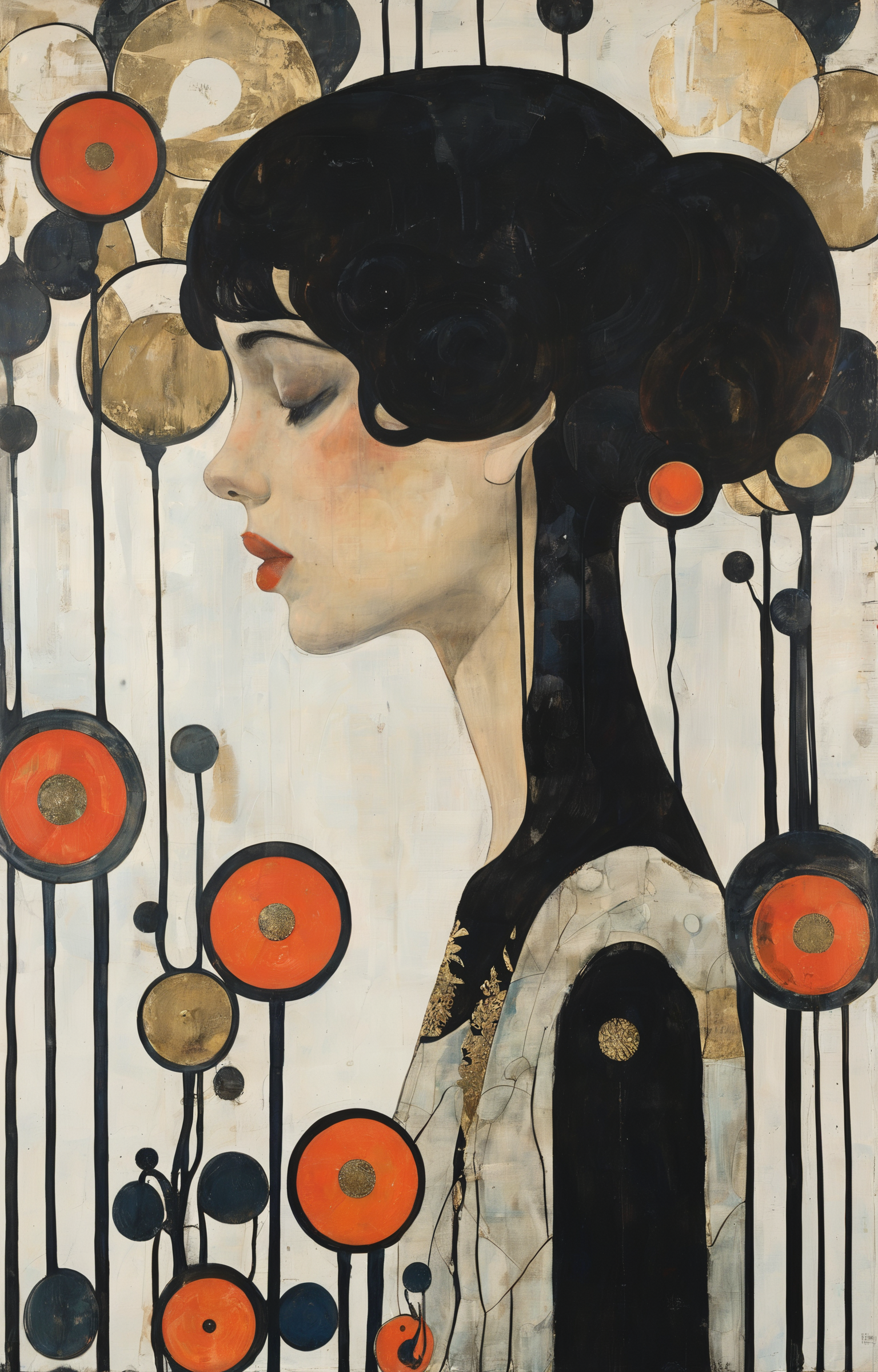 masterpiece,best quality,<lora:tbh269-sdxl:0.9>,illustration,style of Koloman Moser, tech genius teenage girl