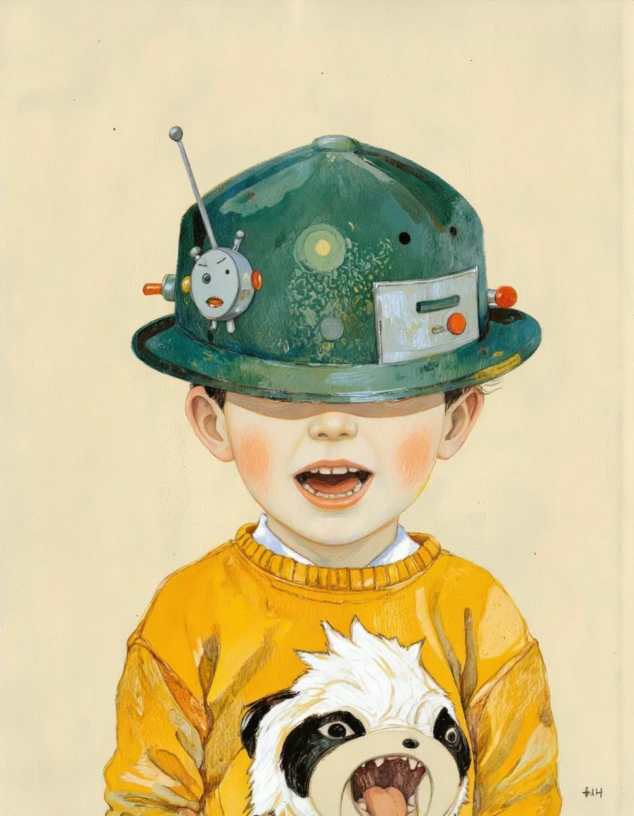 By Taiyo Matsumoto. A portrait of a boy with a playful expression, wearing a green hat with a small robot face on it and a yellow sweater with a cartoon character on it. the boy is positioned in the middle of the image, facing the viewer directly, with his face partially obscured by the hat. he has a small, rounded face with sharp teeth and a wide, mischievous grin. the background is a simple, light beige color, and the overall style is reminiscent of a children's illustration, with a focus on the boy's playful and whimsical appearance. <lora:Taiyo_Matsumoto-000008:1>