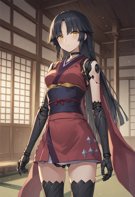 1girl, solo, black hair, long hair, hime cut, yellow eyes, robot joints, joints, mechanical arms, scarf, alternate costume, japanese clothes, bare shoulders, thighhighs, mechanical legs, indoors, standing, cowboy shot, japanese house <lora:Kato_Danzo:1>, score_9, score_8_up, score_7_up, score_6_up, score_5_up, score_4_up, BREAK source_anime, masterpiece