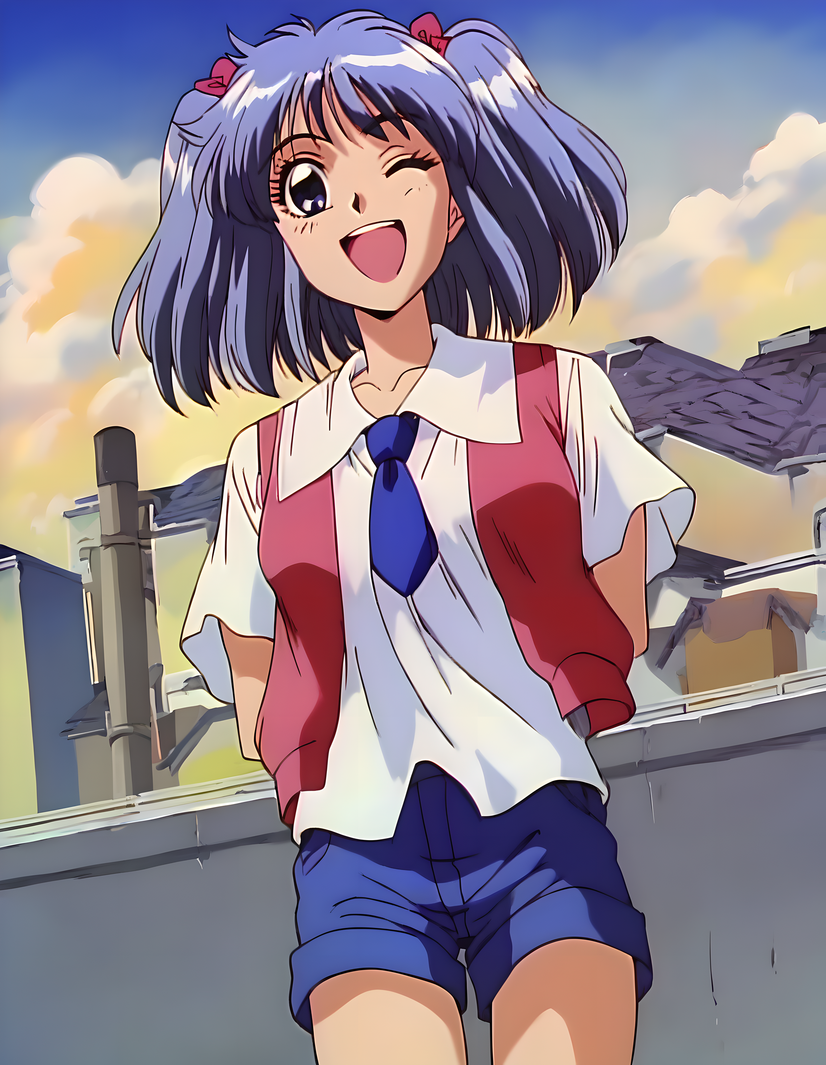 <lora:pony_xl_chipple:0.9>,chipple,score_9,score_8_up,score_7_up,source_anime,best quality,masterpiece,super fine illustration,1girl,solo,vest,white shirt,blue necktie,shorts,blue shorts,smile,laughing,one-eyed wink,day,sky,city,street,standing,arms_behind_back,rim light,lens_flare,cowboy_shot,looking_at_viewer,