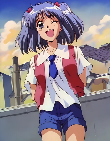 <lora:pony_xl_chipple:0.9>,chipple,score_9,score_8_up,score_7_up,source_anime,best quality,masterpiece,super fine illustration,1girl,solo,vest,white shirt,blue necktie,shorts,blue shorts,smile,laughing,one-eyed wink,day,sky,city,street,standing,arms_behind_back,rim light,lens_flare,cowboy_shot,looking_at_viewer,
