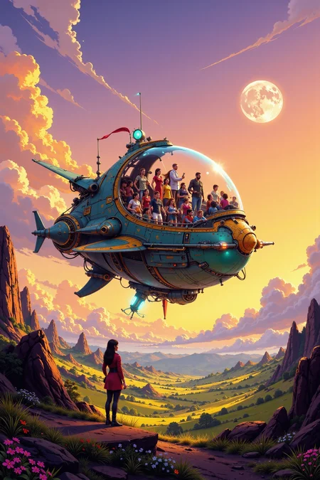a spaceship full of people beautiful  landscape, morning, woman, very intricate, very detailed, sharp, bright, colorful, <lora:Hand v2:0.5> <lora:Anti-Blur:1><lora:Insane Detail Slider:0.25>  <lora:flux.1_lora_flyway_Epic-detail_v2:0.3> <lora:fluxenhancer:0.25> <lora:ROWER:0.6> <lora:flux-charmer-v1-1:0.4><lora:Vibrantly_Sharp_style_v.5:0.4> <lora:Neurocore Anime Cyberpunk v2.0:1> A digital artwork in the style of cknc,  <lora:ck-Neon-Retrowave:0.4> ck-rw, in the style of ck-rw,
