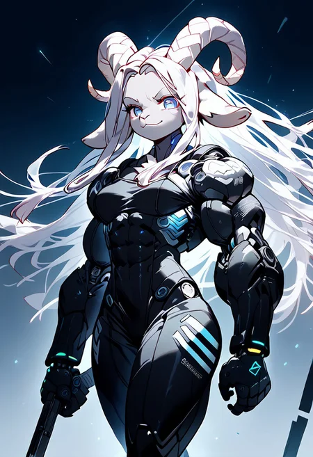 score_9, score_8_up, score_7_up, score_6_up, solo, anthro, 1girl, big eyes, cute eyes, delicate features, short braided hair, floating hair, (dreadlocks), white hair, portrait, bodysuit with baggy pants, , ((smug)), closed mouth, cyborg, bulky robot arms, cybernoir, cyberpunk steet, heavy rain, backlit, edgelit, cyberpunk city, (((goat))), large horns, snout, thick thighs, wide hips, hyper muscle, large