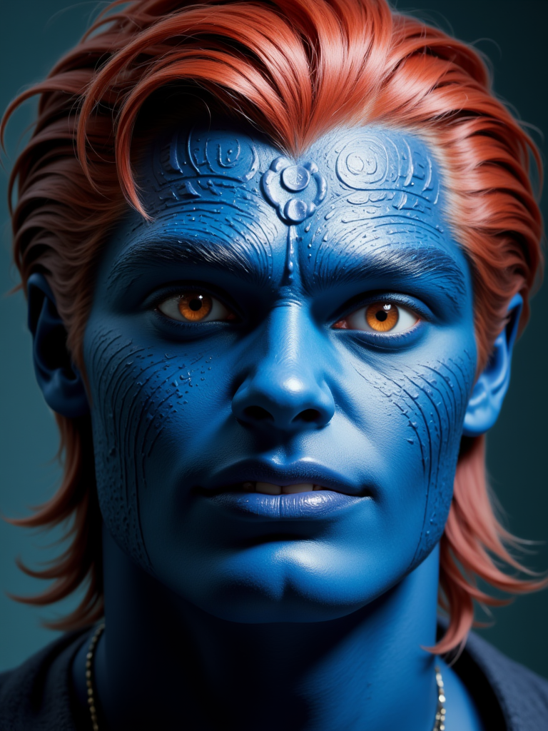 erik close up , blue skin, red hair, fade, dramatic, best quality, color scheme blue, forest