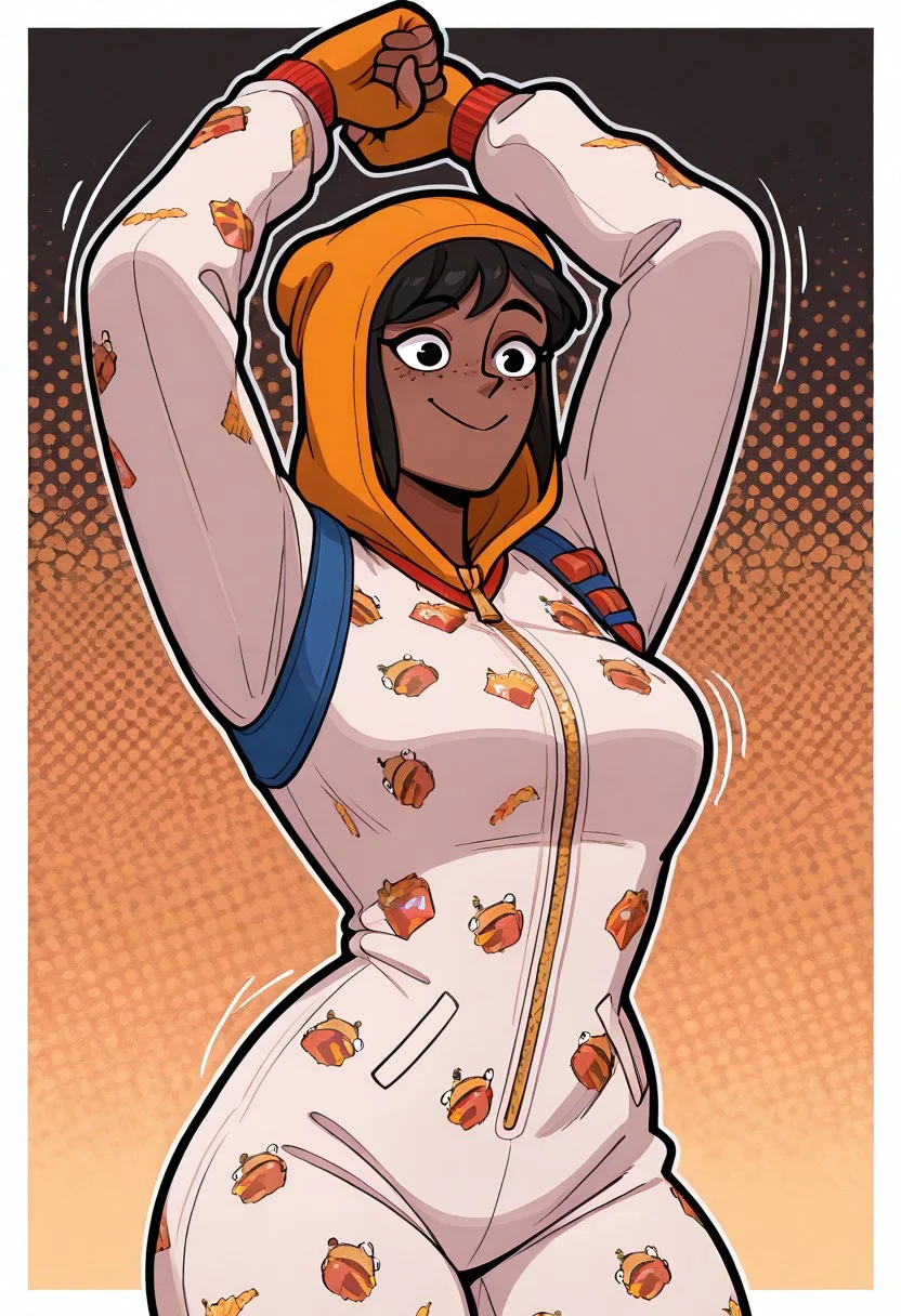 <lora:ilonesie-10:1> onesie, 1girl, orange hood, solo,
SkylaCruzPXL
SkylaCruzV2
Skyla,freckles, dark skin, dark-skinned female,black hair,black eyes, short ponytail,short hair, ponytail,beanie,medioum breast , slim, dynamic pose, dancing, dance moves
, smile, orange fingerless gloves, , zipper, animal print, white onesie <lora:welwraith-guy90-Illust-Lycorisv1:1> welith, wide hips, masterpiece, best quality, amazing quality, very aesthetic, absurdres, newest,, upper body, halftone effect, white borders, abstract background:1.2,