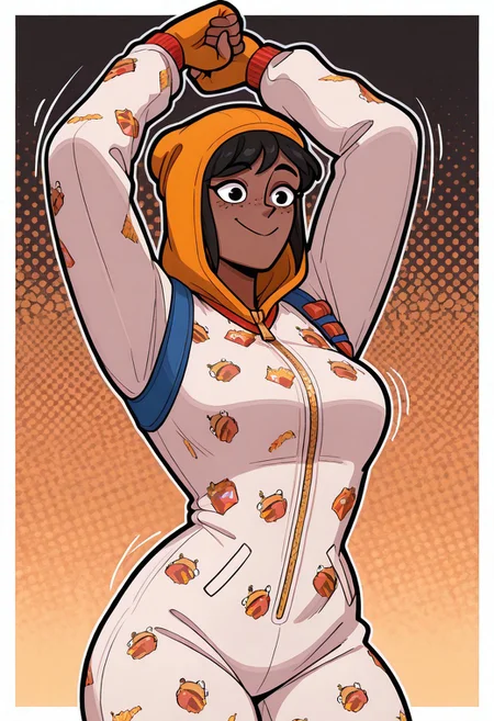 <lora:ilonesie-10:1> onesie, 1girl, orange hood, solo, 
 SkylaCruzPXL
 SkylaCruzV2
 Skyla,freckles, dark skin, dark-skinned female,black hair,black eyes, short ponytail,short hair, ponytail,beanie,medioum breast , slim, dynamic pose, dancing, dance moves
, smile, orange fingerless gloves, , zipper, animal print, white onesie <lora:welwraith-guy90-Illust-Lycorisv1:1> welith, wide hips, masterpiece, best quality, amazing quality, very aesthetic, absurdres, newest,, upper body, halftone effect, white borders, abstract background:1.2,