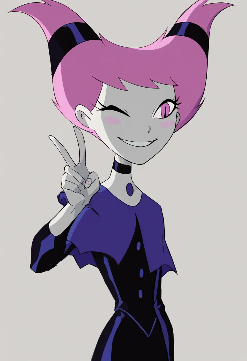 <lora:JinxTTPony1.0:1> jinx, 1girl, pink hair, buttons, twintails, solo, pink eyes, slit pupils, blush stickers, black choker, dress, grey skin, smile, capelet,upper body, v,one eye closed, simple background,, looking at viewer,score_9, score_8_up, score_7_up, score_6_up, score_5_up, score_4_up