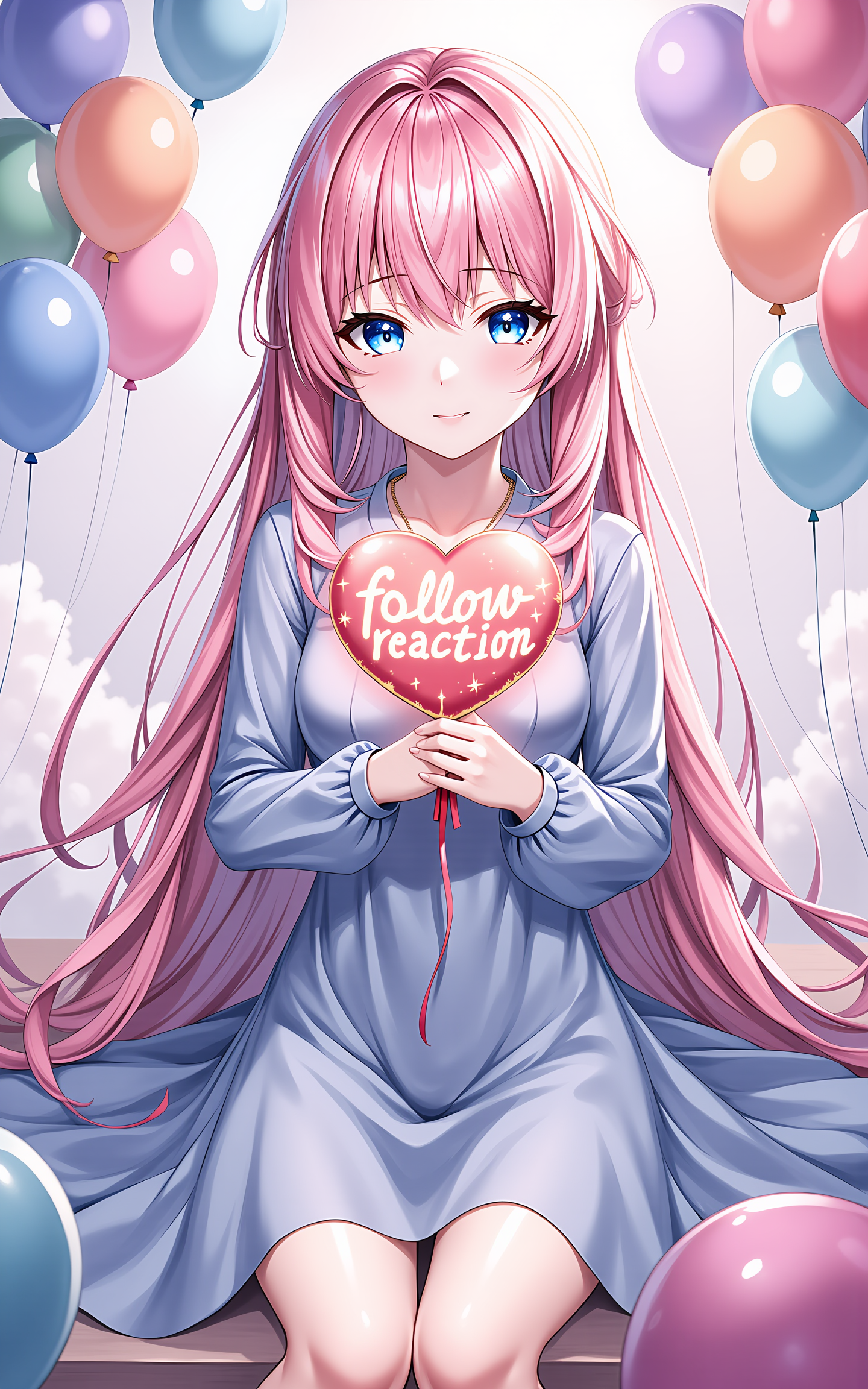 A pink long-haired girl wearing a spring-style long-sleeved dress in elegant blue,surrounded by a burst of colorful balloons in various shapes and hues,sitting casually,facing front,both hands gently holding a heart-shaped balloon close to her chest,the balloon has glowing letters âfollow reactionâ written on it,heart-shaped sparkle overlay,dreamy saturated lighting from below,stylized shading,fantasy-inspired color tones,
<lora:hakaseayaka-base-02-flux:0.7>,hakaseayaka,blue eyes,long pink hair,anime-style,
