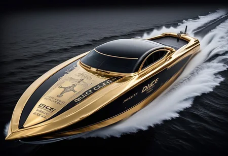 GOLD LIQUID METAL offshore powerboat, racing through (SILVER LIQUID METAL), SILVER LIQUID METAL sprays up the sides of the boat, in a solid black background, along the side of the boat is the word "DICE"