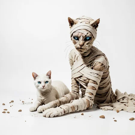 <lora:SDXL_mummy_Sa_May:1> mummy, a desiccated mummy, nice woman, photoshoot. white background with with mummy cat