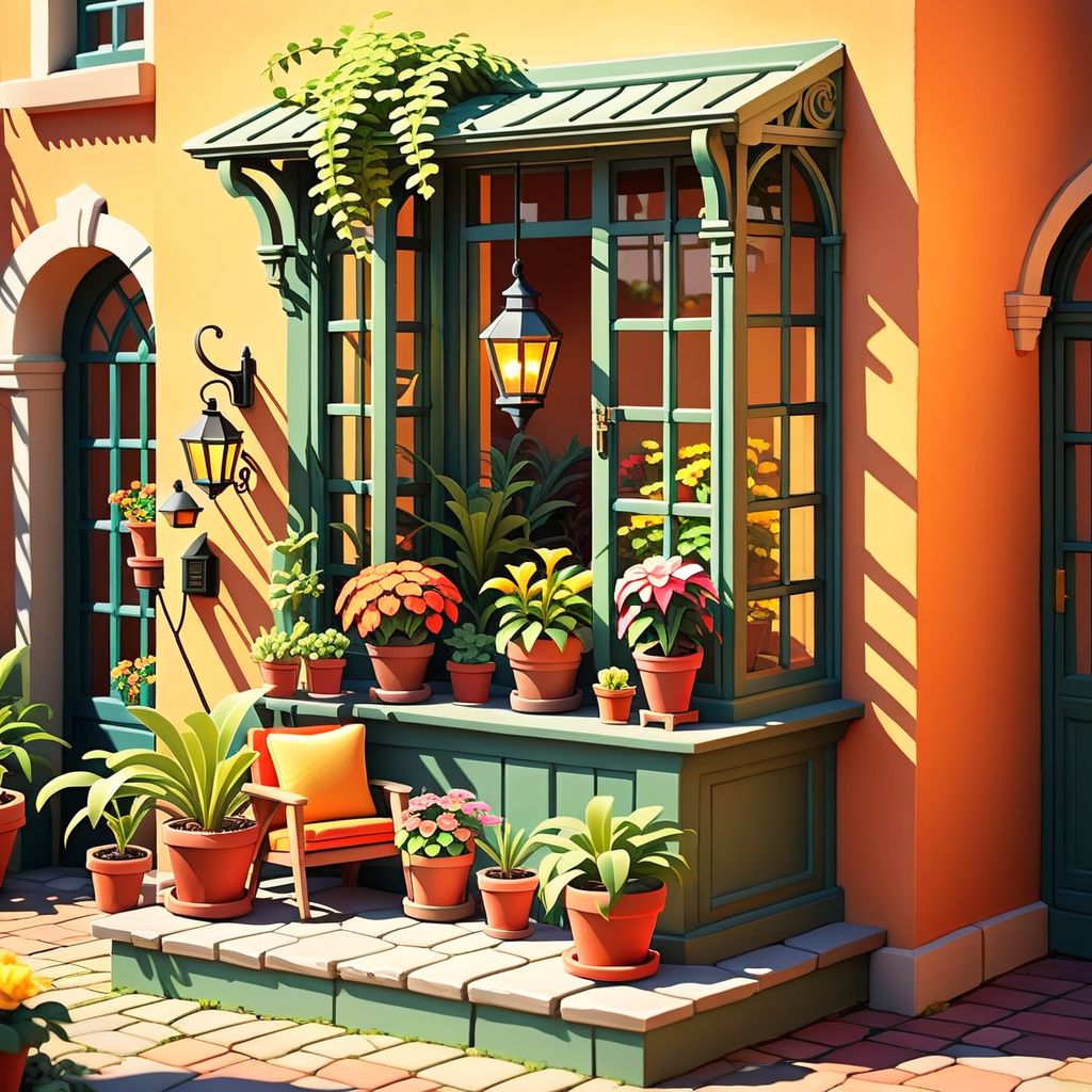 ispzxll, no humans, plant, scenery, potted plant, chair, flower pot, window, lantern, flower, isometric, miniature, diorama