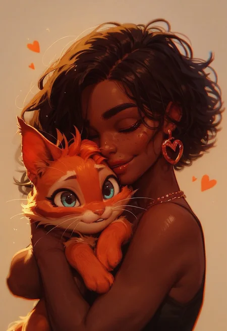 score_9, score_8_up, score_7_up, score_6_up,  <lora:p3tl0v3XLP:1> p3tl0v3, 1girl, dark skinned female, hugging a orange kitten,