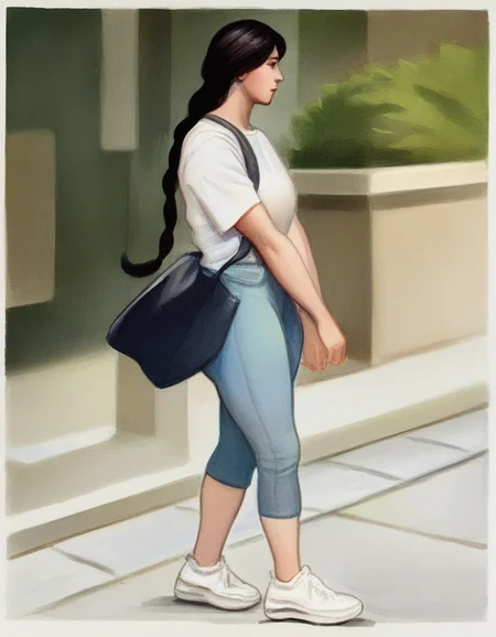 1girl, t-shirt, capri-pants, sneakers, walking, sidewalk, low-braided-long-hair, from-side, messenger-bag, realistic, masterpiece, best quality, newest, absurdres, highres