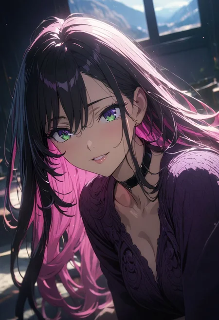 1woman, solo, long hair, pink hair, black choker, green eyes, eyeliner, gorgeous lips, cinematic, (masterpiece), (best quality), (ultra-detailed), very aesthetic, illustration, perfect composition, intricate details, absurdres, detailed face, motion blur, (anime, masterpiece, intricate:1.3), (best quality, hires textures, high detail:1.2), (4k),(incredibly detailed:1.4)
vibrant colors, female, masterpiece, sharp focus, best quality, depth of field, cinematic lighting, shiny hair, hair between eyes, black hair, purple eyes, long hair, indoors, smiling, black and purple theme, black and purple outfit, show, sunlight, mountains, landscape,