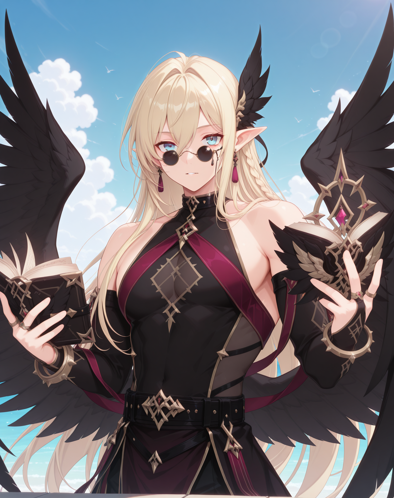 masterpiece, amazing quality, best quality, absurdres, very aesthetic,
1boy, solo, yaoi, male focus, cowboy shot, upper body, looking at viewer, face focus,
<lora:Grandiel_Forbbiden_Tome:1>   grandielfb, pointy ears, blonde hair, hair between eyes, blue eyes, long bangs, sunglasses,double-parted bangs, official alternate costume, side braid,
black feathers, black wings, feathered wings, open book, tassel, pelvic curtain, sleeveless shirt, black shirt, waist cape, pince-nez, black sash, black belt,eyewear strap, gold trim, detached sleeves, red sash, purple sash, black robe,long sleeves, black sleeves, head wings, bridal gauntlets, bare shoulders, shoulder sash, white wings, black cape, feather trim, low wings, high heels, multiple wings, shoes, boots, black pants, black footwear,
chain, multiple rings, ring, bracelet, monocle, feather hair ornament, wing hair ornament, jewelry, earrings,
floating book, floating object, holding book, 
outdoors, day, blue sky,