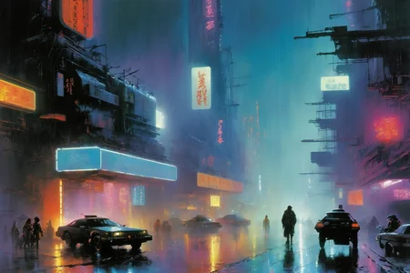 <lora:John Berkey Style:1> John Berkey Style page, cyberpunk cityscape, night, rain, neon lights, neon signs, dirt, garbage, fog, smoke, (masterpiece:1.2), best quality