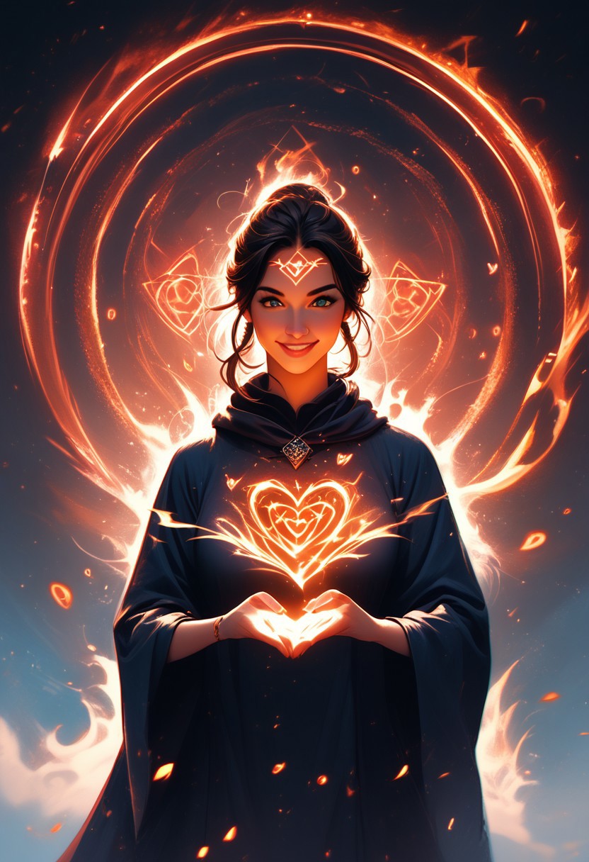 score_9,score_8_up,score_7_up, woman drawing a glowing heart rune in the air, magical glowing symbol, magical moment, magic, spell, smile