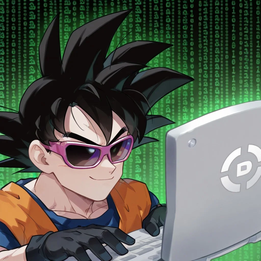 masterpiece, best quality,
bl4ckh4ck,
1boy, solo, son goku,
black gloves,
purple-framed eyewear, purple-tinted eyewear, sunglasses, tinted eyewear,
computer,
green background, wall of text,
closed mouth, smile, smug, v-shaped eyebrows, upper body,