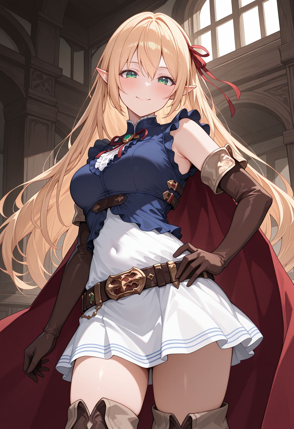 highres, best quality, masterpiece, indoors,
1girl, solo, cygarisa, elf, long hair, blonde hair, pointy ears, green eyes, hair ribbon, red ribbon,
cyaridef, blue shirt, center frills, sleeveless shirt, high-waist skirt, white skirt, belt, belt buckle, elbow gloves, brown gloves, thigh boots, red cape,
looking at viewer, blush, smile,
standing, hand on own hip, 
<lora:_arisa_shadowverse-elesico-ilxl-000014:1>