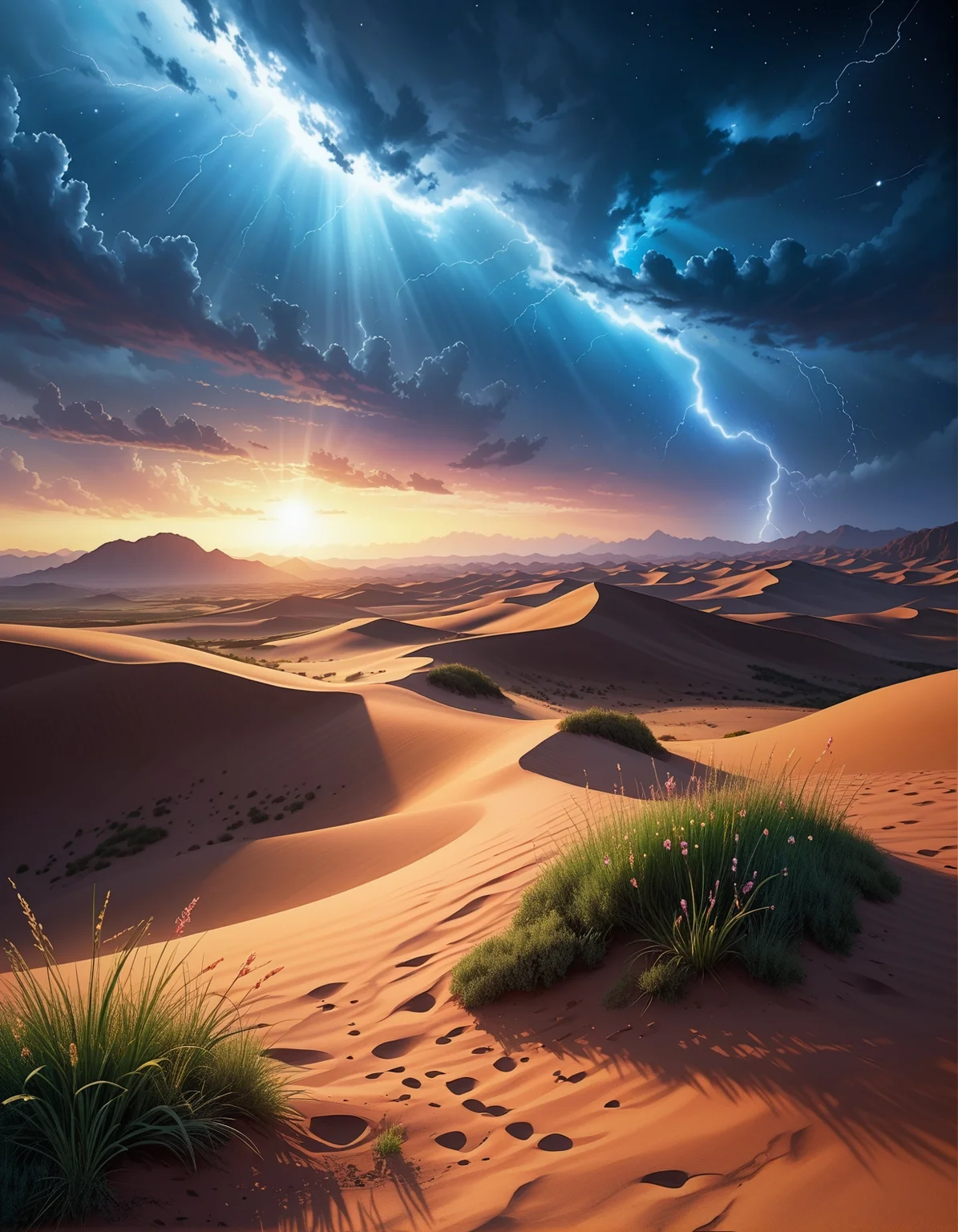 Sci-fi landscape
a vast desert wasteland, with rolling dunes, harsh sunlight, sparse vegetation, and an air of desolation,
a misty open sea, with low visibility, eerie silence, and ghostly ambiance ,
Thunderstorm with lightning Weather,
Contrails crisscrossing cerulean sky,
Urban light pollution washing stars,
Summer wheat fields swaying,
Wadi dry riverbeds,
Coral reefs floating in zero-gravity,
,
,
Osamu Tezuka
(masterpiece:1.4), (intricate details:1.4), (hyperrealistic:1.3),(painting:0.9),(ultra detailed:1.4), (8k resolution:1.3), (sharp focus), (dramatic perspective:1.1), (chromatic aberration:0.3), (film grain:0.2),
<lora:JuggerCineXL2:0.3>,
<lora:add-detail-xl:0.3>,
<lora:WildcardX-XL-Detail-Enhancer:0.4>,
<lora:xl_more_art-full_v1:0.7>,
<lora:ClassipeintXL2.1:0.3>,
<lora:Flux-XL_Scenery:0.3> flux-scenery ,
<lora:EnvyDramaticLightingXL01:0.7>
detailxl,