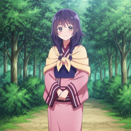 nsfw, masterpiece, best quality, 1girl, solo, seirei_gensouki_sayo, standing, smile, japanese clothes, kimono, braid, twin braids, brown eyes, long hair, blush, purple hair, looking at viewer, outdoors, nature, forest, <lora:Sayo_-_Seirei_Gensouki:0.7>