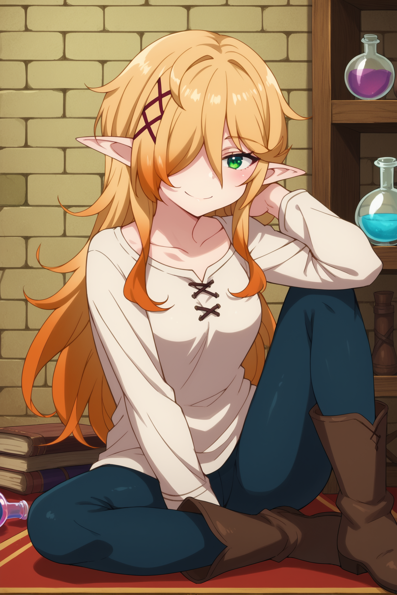 score_9, score_8_up, score_7_up, source_anime, 
<lora:reviewers_zel-mtf_epoch_5:1> zel-mtf, solo, 1girl, x hair ornament, green eyes, blonde hair, elf, long hair, hair ornament, hair over one eye, pointy ears, 
white shirt, blue pants, brown footwear, boots, shiny skin, 
sitting, knee up, looking at viewer, smile, smirk,
indoors, red carpet, brick wall, shelf, potion,