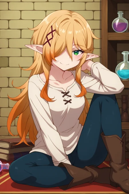 score_9, score_8_up, score_7_up, source_anime,
<lora:reviewers_zel-mtf_epoch_5:1> zel-mtf, solo, 1girl, x hair ornament, green eyes, blonde hair, elf, long hair, hair ornament, hair over one eye, pointy ears,
white shirt, blue pants, brown footwear, boots, shiny skin,
sitting, knee up, looking at viewer, smile, smirk,
indoors, red carpet, brick wall, shelf, potion,