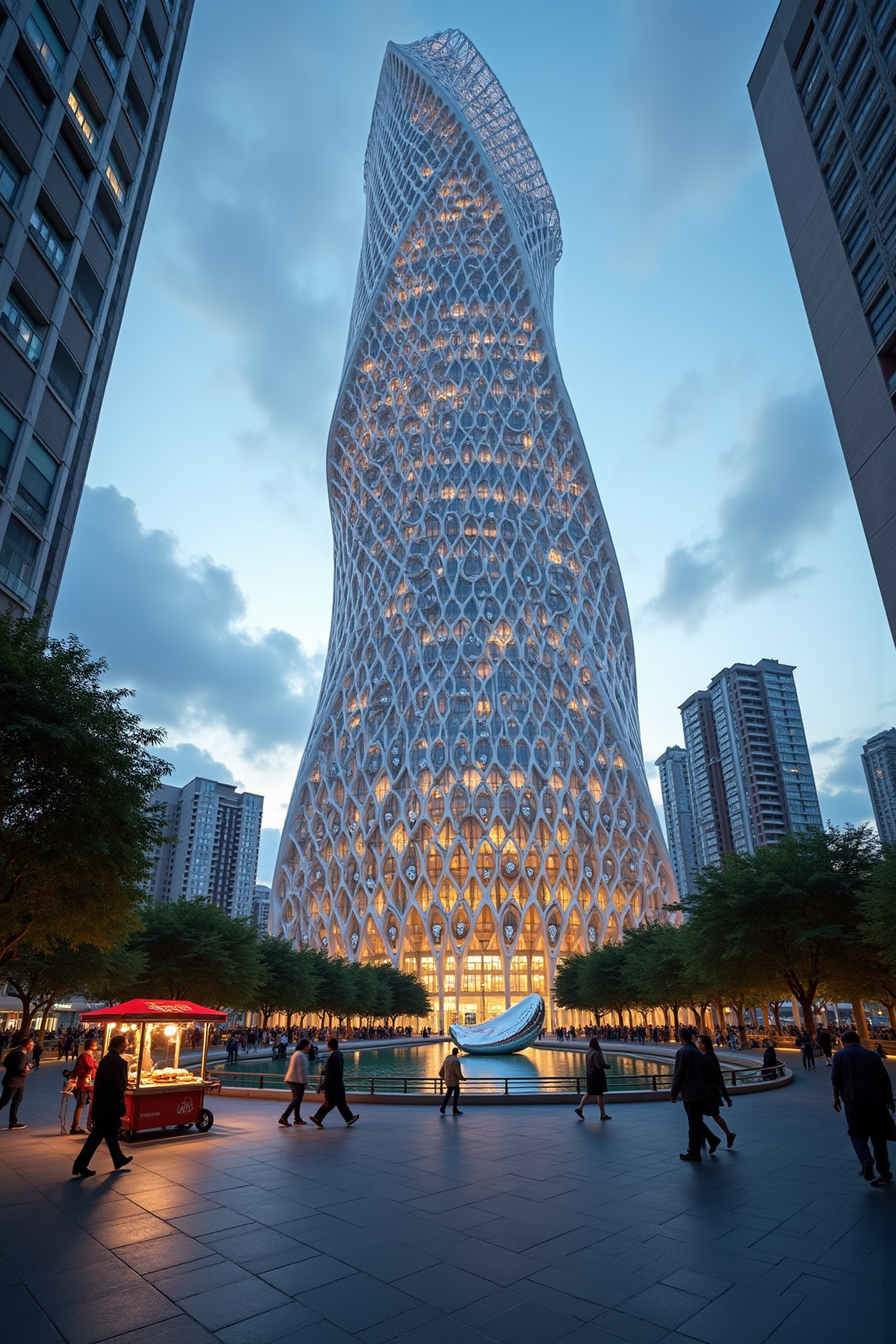 yfg-c@la, A majestic steel and glass skyscraper, reminiscent of Santiago Calatrava's signature design style, pierces the sky in a bustling metropolitan cityscape at dusk. The building's undulating roofline appears as a series of interconnected waves, with sharp, angular edges softened by an intricate latticework of filigree-like details.
The structure is supported by slender, curved columns that evoke the sensation of skeletal limbs, while its façade glows warmly from within due to a delicate dance of LED lights embedded in its glass skin. As day gives way to night, the building's exterior transforms into a vibrant tapestry of color and light.
In the foreground, pedestrians hurry along the sidewalk, their reflections cast on the gleaming floor-to-ceiling windows as they navigate past vendors selling street food from carts adorned with Calatrava-inspired motifs. The city's urban grit is juxtaposed with the serene beauty of the structure, its majestic presence a testament to human ingenuity and creativity.
The building stands adjacent to a tranquil oasis, a lush park replete with mature trees and verdant greenery that seems almost out of place amidst the steel and concrete jungle. A picturesque pond at the park's center features a gleaming metal sculpture in the form of Calatrava's signature winged motif, its surfaces reflecting the vibrant colors of the building like a shimmering mirage.
A wide-angle lens captures the scene, encompassing both the majestic skyscraper and the serene park beyond. The viewer is positioned at ground level, about 10 feet from the base of the building, gazing upward with a sense of wonder and awe at the architectural masterpiece before them.