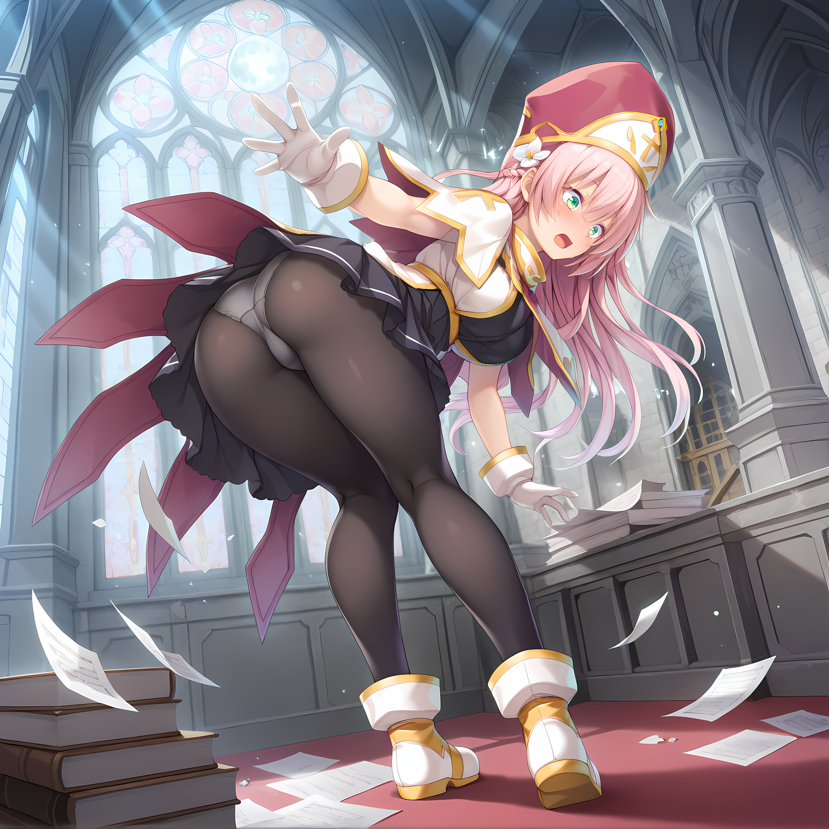 <lora:Terese_Elminaãã¬ãµã¨ã«ããã¢_-_Escude_-_Hime_to_Aiyoku_no_Sacrifice:0.8>,solo,terese,pink hair,long hair,braid,green eyes,hair between eyes,bangs,hair flower,large breasts,base outfit,white gloves,mitre,pantyhose,indoors,cathedral,dappled sunlight,moonlight,full moon,glass ceiling,stained glass,shrine,sparkling aura,standing,full body,outstretched arms,open mouth,surprised,twisted torso,looking back,ass,bent over,reaching,picking up,papers,pile of books,upskirt,panties,falling paper,messy,dropped object,, masterpiece,best quality,amazing quality, very aesthetic, absurdres,detailed eyes,ultra-detailed,