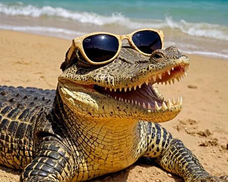Close to : crocodile with sunglasses, photo, wave, details, many colors, tropical background, little teeth,