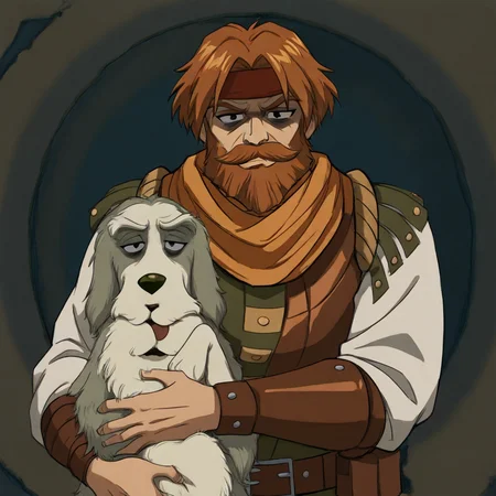 masterpiece, best quality, newest, absurdres, highres, vintage anime, 90s anime, DDstyle, official style, black eyes, shaded eyes, DDHM-V1.0, beard, facial hair, leather armor, dog, hound, mustache, headband, hugg, hugging, hugging dog, hugging pet, hugging animals