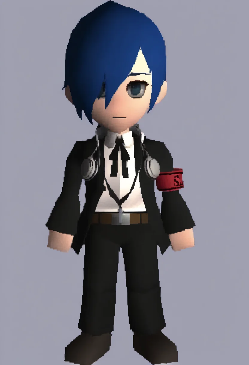 masterpiece, best quality, solo, 1boy, looking at viewer, <lora:FF7-Chibi-illus_Fp:1>, full body, simple background, 3d, <lora:Makoto-illus_Fp:1>, m4koto, blue hair, blue eyes, short hair, black jacket, collared shirt, black neck ribbon, white shirt, hair over one eye, headphones, unworn headphones, chibi, red armband, black pants, belt,