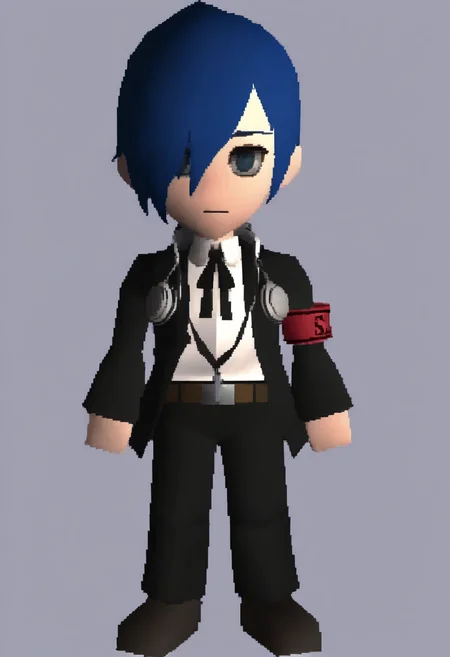 masterpiece, best quality, solo, 1boy, looking at viewer,  <lora:FF7-Chibi-illus_Fp:1>, full body, simple background, 3d, <lora:Makoto-illus_Fp:1>, m4koto, blue hair, blue eyes, short hair, black jacket, collared shirt, black neck ribbon, white shirt, hair over one eye, headphones, unworn headphones, chibi, red armband, black pants, belt,
