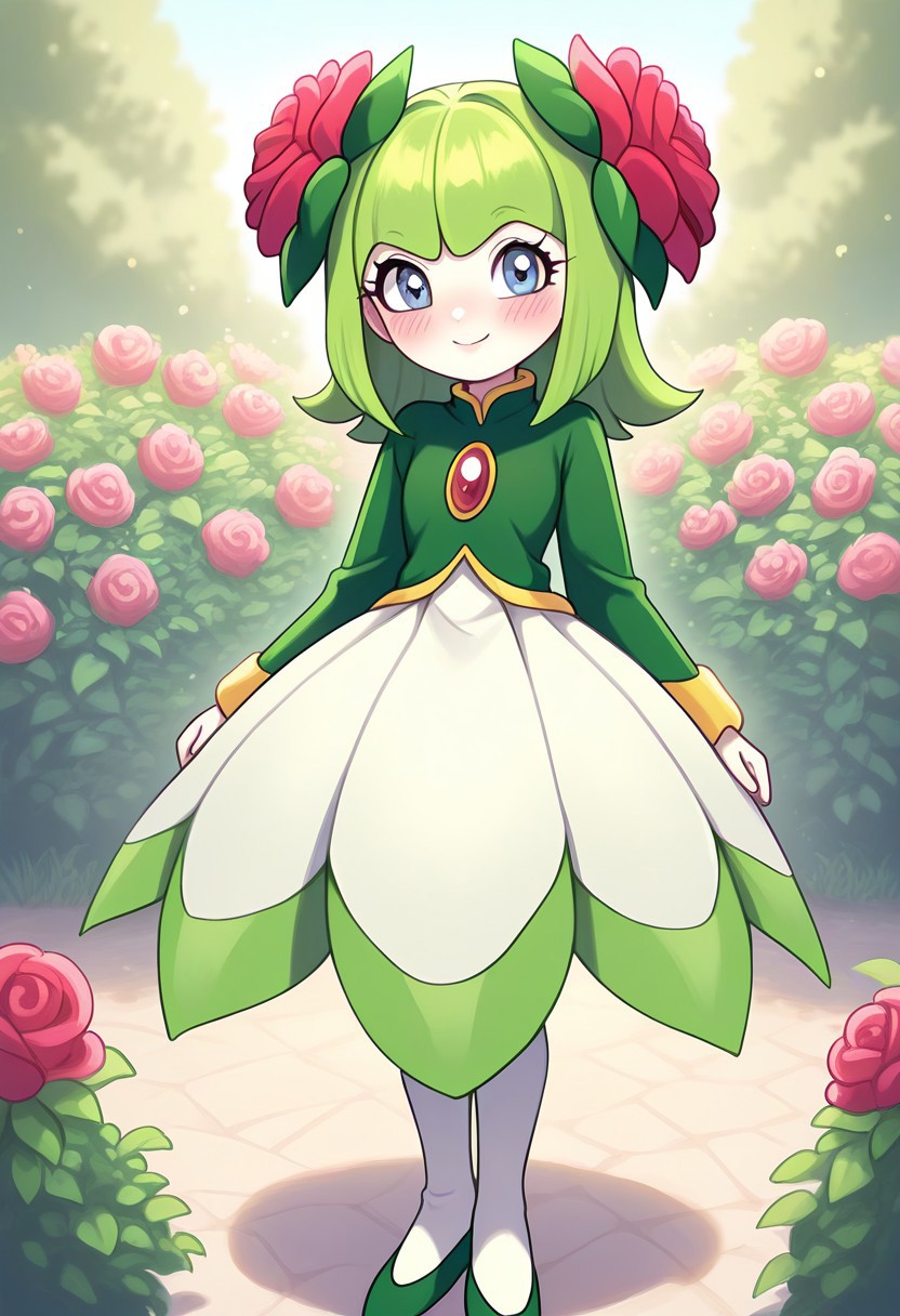 <lora:cosmo_v5_IL_epoch_5:1>, cosmotheseediran, green hair, medium hair, bloomingheadflowers, , greenflowerdress, outside, garden, flowers, smile, blush, cute, masterpiece, best quality, newest, absurdres, highres, very awa,