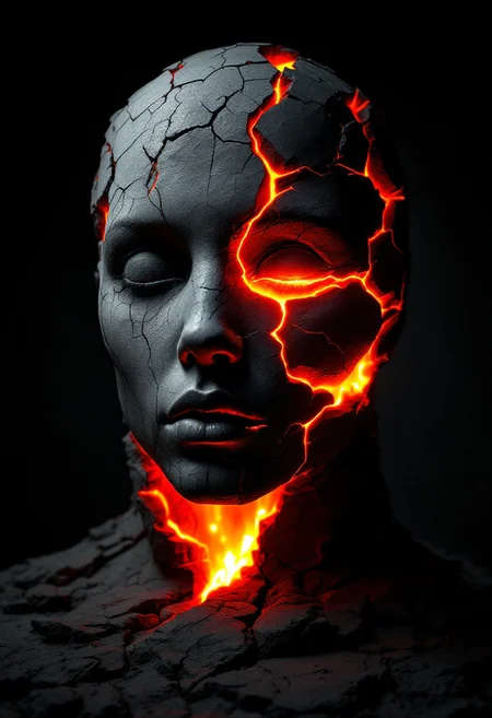 A dark fantasy sculptural photography of a cracked stone face with a glowing inner fire. The face has a serene expression and is illuminated by an intense orange-red glow emanating from the cracks. The background is dark, and there is a dramatic lighting emphasizing the cracks and glow. The image has a high-resolution and a style reminiscent of Zdzisław Beksiński's bleak landscapes and the surrealist sculptures of Hans Bellmer.