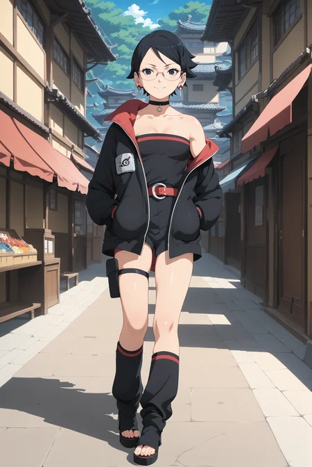 score 9, score 8 up, score 7 up, high res image, masterpiece, best quality, source anime, intricate details, anime screencap, official style, solo, 1girl, sarada uchiha, smile, cute face, clear skin, shiny hair, beautiful face, earrings, glasses, black jacket, konohagakure symbol, o-ring choker, red belt, black shorts, thigh holster, trouser socks, high-heel sandals, hands in pockets, outdoors, Japanese architecture, candid shot, <lora:sarada_uchiha_pony_rc1:1>,
