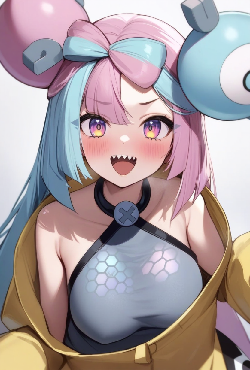 masterpiece,best quality,very aesthetic,absurdres,<lora:iono_(pokemon):1>,blush, grey_shirt, yellow_jacket, collarbone, sharp_teeth, off_shoulder, :d, solo, star_\(symbol\), upper_teeth_only, upper_body, sleeveless_shirt, looking_at_viewer, open_mouth, commentary_request, breasts, highres, absurdres, iono_\(pokemon\), 1girl