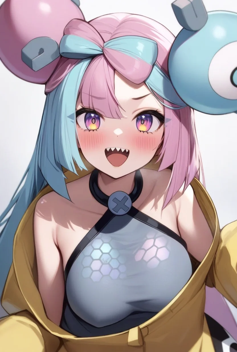 masterpiece,best quality,very aesthetic,absurdres,<lora:iono_(pokemon):1>,blush, grey_shirt, yellow_jacket, collarbone, sharp_teeth, off_shoulder, :d, solo, star_\(symbol\), upper_teeth_only, upper_body, sleeveless_shirt, looking_at_viewer, open_mouth, commentary_request, breasts, highres, absurdres, iono_\(pokemon\), 1girl