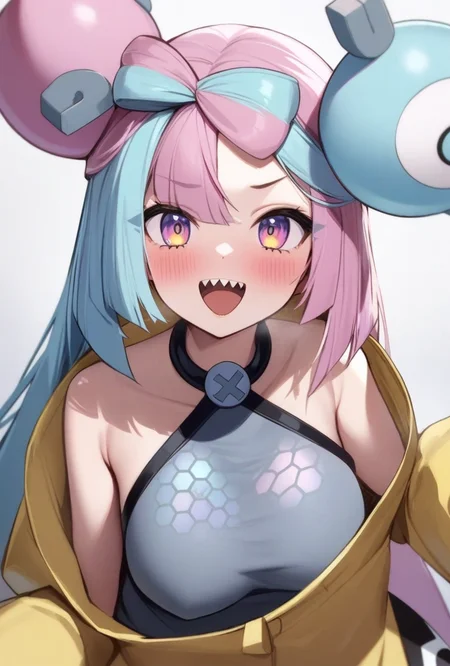 masterpiece,best quality,very aesthetic,absurdres,<lora:iono_(pokemon):1>,blush, grey_shirt, yellow_jacket, collarbone, sharp_teeth, off_shoulder, :d, solo, star_\(symbol\), upper_teeth_only, upper_body, sleeveless_shirt, looking_at_viewer, open_mouth, commentary_request, breasts, highres, absurdres, iono_\(pokemon\), 1girl