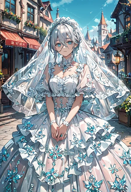 1girl, wedding dress, clothing with intricate frills and embroidery, bridal veil, luxurious clothing, 
village, 
detailed background, incredibly absurdres, colorful, 
HD, hyper detailed, ultra detailed, score_9, score_8_up, score_7_up, source_anime, perfect anatomy, masterpiece, best quality, very aesthetic, <lora:WD-XLPony_v002:0.8>, see-through, layered, v arms, silver, hair between eyes, score_9, score_8_up, score_7_up , source_anime, masterpiece, best quality, perfect anatomy , very aesthetic , absurdres