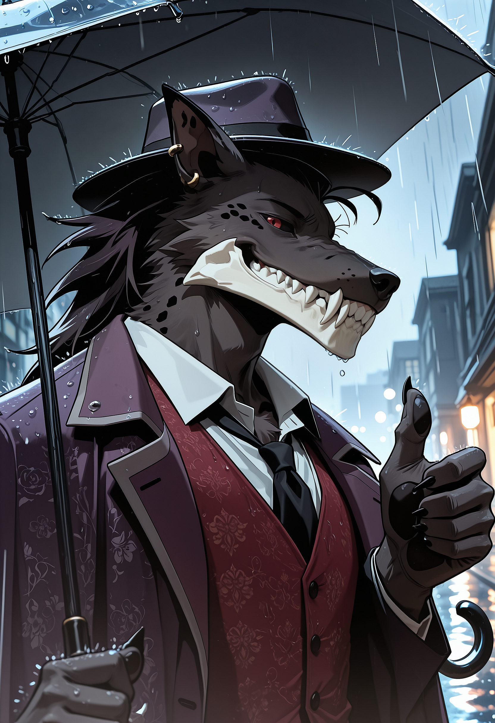 masterpiece, best quality, very aesthetic, newest, 2024, photorealism, photorealistic, hi res, silocke, red eyes, black sclera, bone jaw, snout, looking at viewer, dark fur, black necktie, red vest, white shirt, purple coat, holding umbrella, umbrella, raised hand, low-angle view, fedora, rain, street, wet, upper body, dutch angle, portrait, side view, face focus, colorful, ear ring, grin, narrowed eyes, smug, thumbs up, mouth closed, paws, pawpads, fangs, smile, tilt head <lora:Silocke:1>