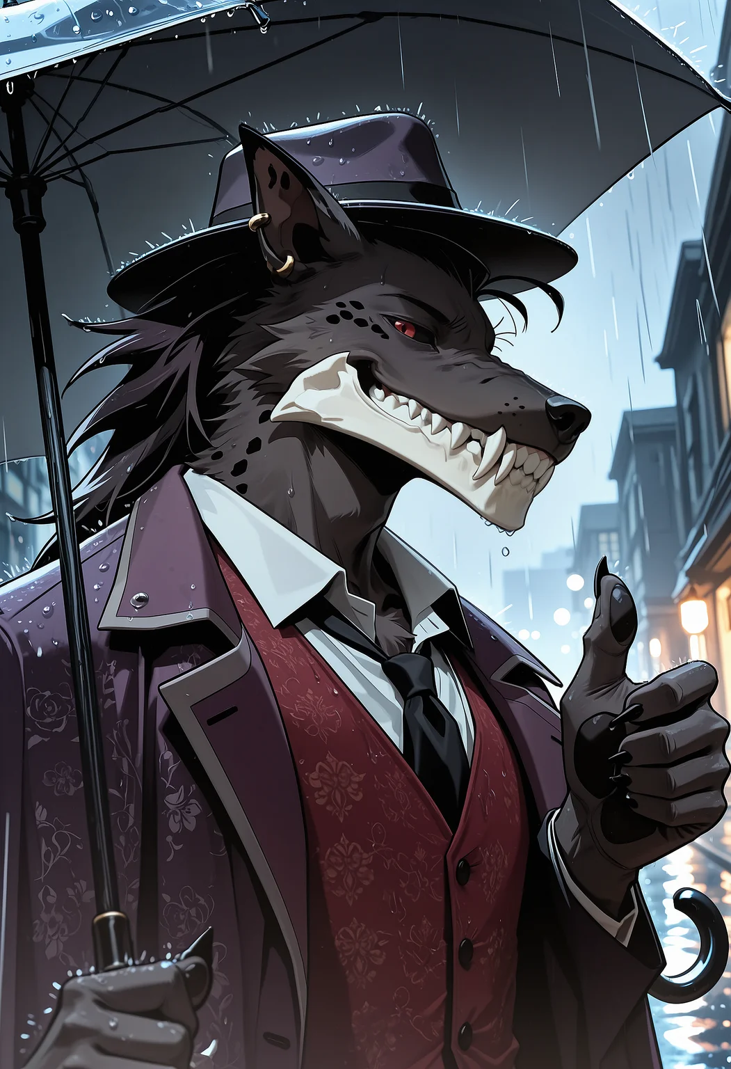 masterpiece, best quality, very aesthetic, newest, 2024, photorealism, photorealistic, hi res, silocke, red eyes, black sclera, bone jaw, snout, looking at viewer, dark fur, black necktie, red vest, white shirt, purple coat, holding umbrella, umbrella, raised hand, low-angle view, fedora, rain, street, wet, upper body, dutch angle, portrait, side view, face focus, colorful, ear ring, grin, narrowed eyes, smug, thumbs up, mouth closed, paws, pawpads, fangs, smile, tilt head <lora:Silocke:1>