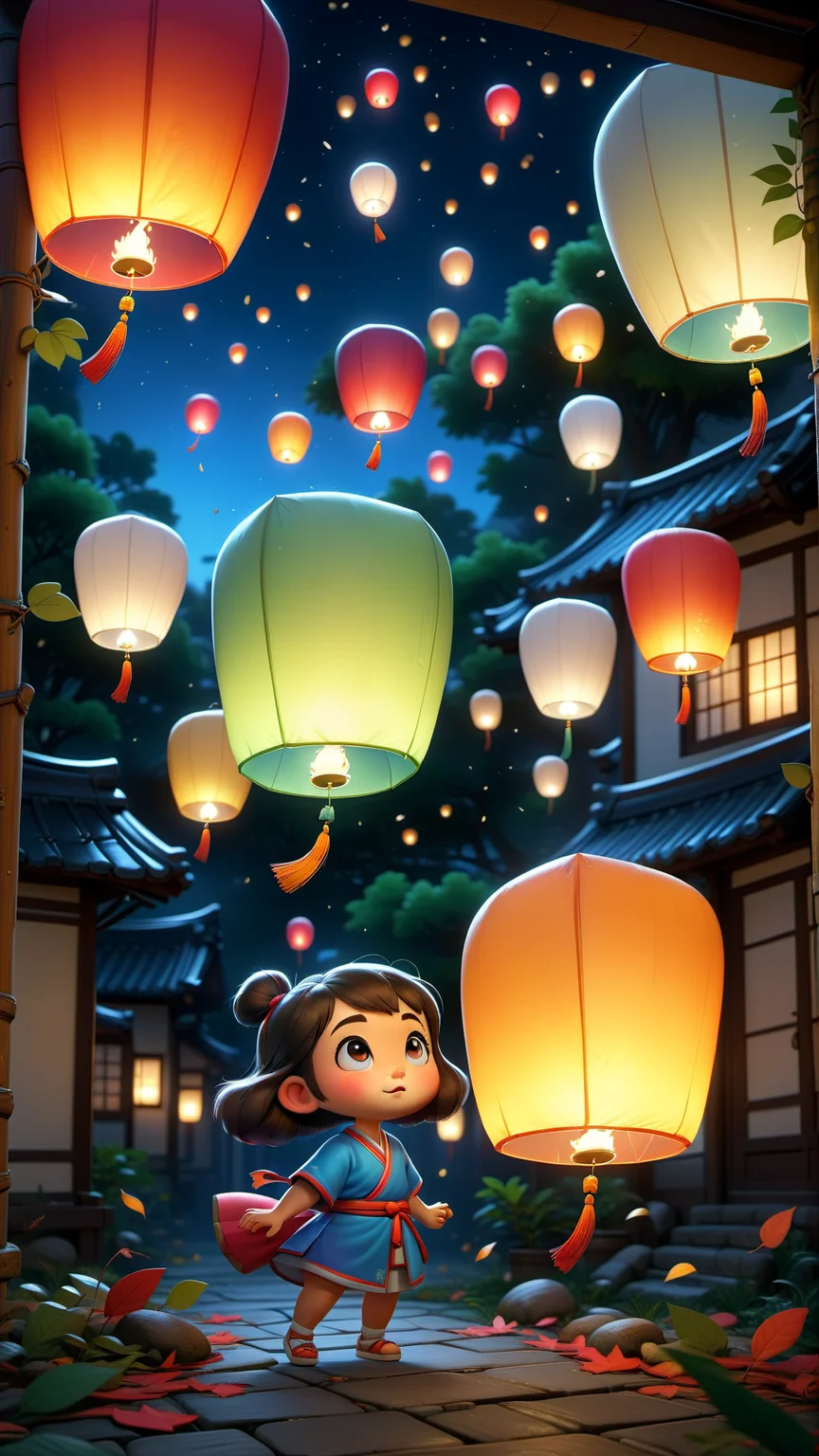 <lora:Chinese Spring Festival Theme_Kongming Lanterns_XSE_GAME_V1-000008:0.8>,no one,kongming lantern,night,in the style of temmie chang,in the style of realistic and hyper-detailed renderings,strong diagonals,colorful illustrations,2D game art,black outline,3D rendering,4k resolution,best Quality,in the attic,leaves falling,large floor-to-ceiling windows,outdoors,