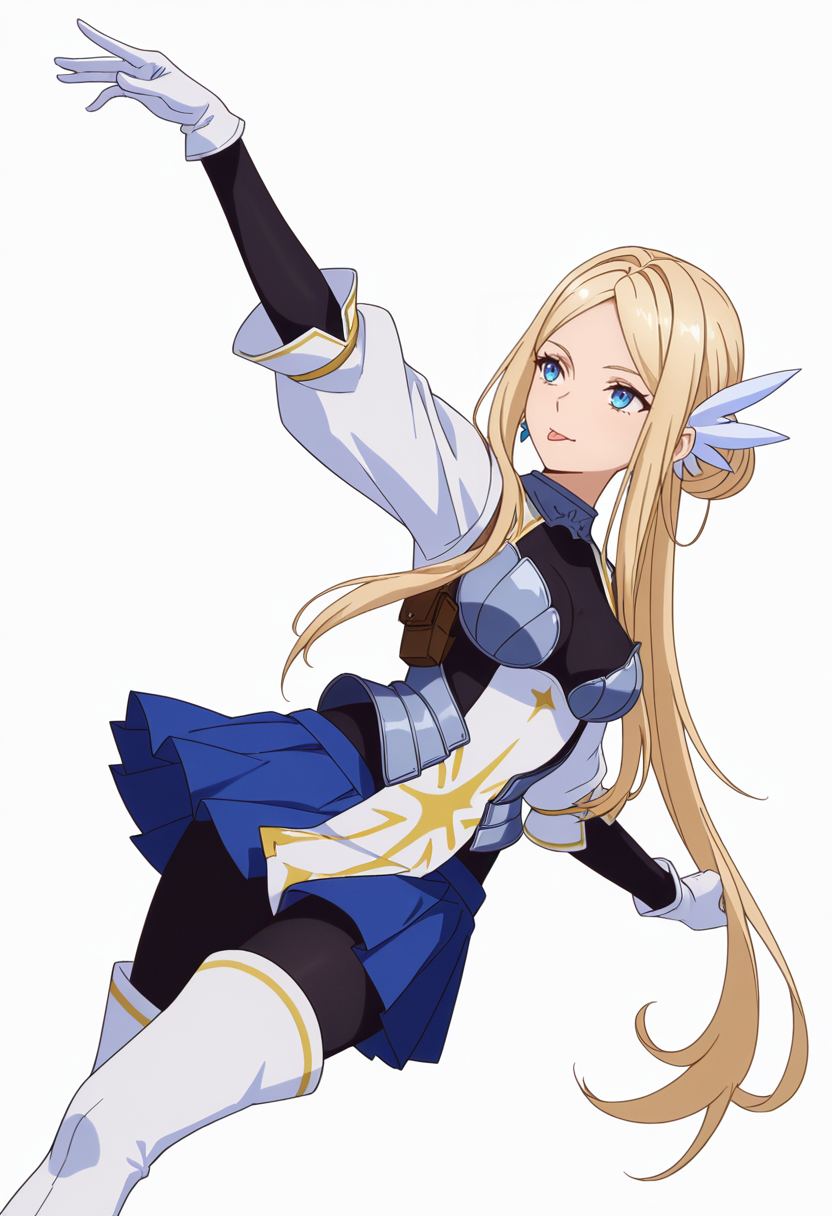 Smooth Quality,masterpiece,very intricate, high quality details, ultra realistic, high detailed skin,detailed enviorement,absurdres,
simple background, white background, dancing, solo,dynamic angle,
 <lora:Krishna_CNR:0.8> krishna_cnr, 1girl,blonde hair,very long hair,single hair bun, sidelocks, parted bangs, blue eyes, breasts,white hair ornament, earrings,armor, breastplate, armored dress, blue skirt, pleated skirt,white gloves, black pantyhose,white thigh boots,, bored,, :p,